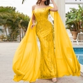 Elegant bright yellow sequined evening dress with off-shoulder neckline and long cape sleeves - Yellow