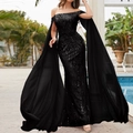 Elegant off-shoulder black evening gown with sparkling sequins and floor-length tulle sleeves - Black