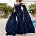 Navy blue off-shoulder sequin evening gown with long cape sleeves and mermaid silhouette - Navy Blue