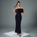Elegante schwarze Abendrobe schulterfrei mit Satinkragen und vertikalen Silberpailletten - S / Schwarz