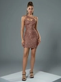 Detail von roségoldenem Pailletten-Minikleid mit Diamant-Ausschnitt und Slim Fit - S / Kaffeebraun