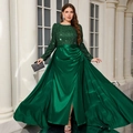 Elegant emerald green sequined satin evening gown with long sleeves and pleated slit skirt - 0XL / Dark Green