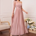 Robe de soirée élégante en mousseline rose poudré avec manche cape et taille haute plissée - Rose Clair