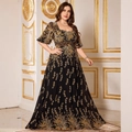 Elegant black square neck maxi dress with golden leaf print and puff sleeves - 0XL / Black & Gold