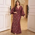 Elegantes Abendkleid mit V-Ausschnitt, roten Goldpailletten und langen Laternenärmeln - 0XL / Rot
