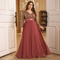 Vestido de noche elegante con escote en V, corpiño de lentejuelas y falda de gasa rosa palo - 0XL / Caoba
