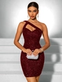 Detail of burgundy sequin mini dress featuring an asymmetric neckline and slim fit design - Burgundy