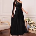 Elegant black one-shoulder evening gown with long cape sleeve and floor-length satin skirt - S / Black