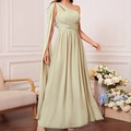 Elegant light green one shoulder evening gown in chiffon with asymmetric draped cape - S / Apricot