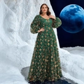 Elegant dark green V-neck evening gown with golden floral embroidery and puff sleeves - 0XL / Dark Green