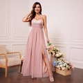 Elegantes rosa Pailletten-Maxikleid mit Spaghettiträgern und hohem Schlitz für Abendpartys - S / Rosa