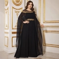 Elegant black chiffon maxi dress with golden floral embroidery and cape sleeves - 0XL / Black