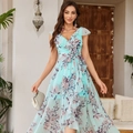 Elegantes V-Ausschnitt Chiffon-Maxikleid in Hellblau mit Rüschenärmeln und Bindegürtel - XS / Minzblau
