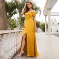 Elegant ginger yellow off-shoulder satin evening gown with high split and drape design - S / Yellow