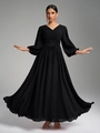 Detail von V-Ausschnitt Plissee-Chiffon-Maxikleid mit Pailletten-Taille und Laternenärmeln - S / Schwarz
