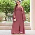 Elegante mauve avondjurk met diepe V-hals, getailleerde taille en franje cape mouwen - 0XL / Boven- En Onderstuk / Karmijnrood