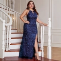 Navy blue halter neck evening gown with sequin leaf embroidery and side slit detail - 1XL / Navy Blue