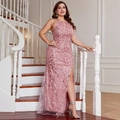 Pink halter neck sequin evening dress with leaf embroidery and high slit on a model - 1XL / Pink