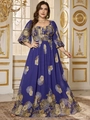 Detail of plus size maxi dress with lantern sleeves and elegant floral print on chiffon fabric - Purple