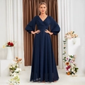 Elegant navy blue V-neck evening gown with lantern sleeves and a pleated chiffon skirt - S / Navy Blue