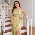 Elegant halter neck evening dress in champagne gold with sequins and a high leg slit - 1XL / Champagne