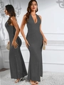 Abito lungo con paillettes grigio scuro schiena scoperta con scollo all'americana - S / Nero