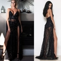 Vestido largo sexy de lentejuelas negras con tirantes finos y abertura alta de gala - S / Negro