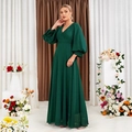 Elegant deep green V-neck long sleeve evening gown with flowing A-line silhouette - S / Green