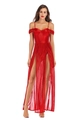 Détail de robe de soirée rouge métallique à épaules dénudées avec fentes hautes et satiné - Rouge