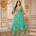 Plus Size Maxikleid in Türkis mit gelben Rosen und eleganten langen Laternenärmeln - 1XL / Grün