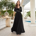 Elegante abito da sera lungo nero con scollo a V, paillettes argento e maniche a volant - S / Nero Paillettes Argento