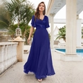 Robe de soirée bleu marine élégante avec col en V, taille pailletée et manches volantées - Bleu
