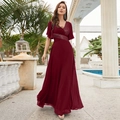 Robe de soirée élégante rouge foncé avec col en V, manches volantées et sequins - Bordeaux