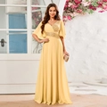 Robe de soirée jaune vif avec col en V, paillettes dorées et manches à volants - Beige