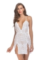 Detail of white lace mini dress featuring sparkling sequins and a deep V-neckline cut - S / White