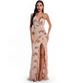 Detail of champagne sequin gown showing deep V-neck, floral embroidery and high side slit - Gold