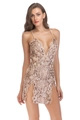 Detail of champagne sequin party dress featuring a deep V-neck and high side slits - S / Gold