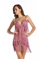 Detailed view of lavender sequin fringe mini dress with delicate spaghetti straps - Pink