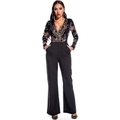 Tuta sexy a maniche lunghe con ricamo di paillettes dorate e pantaloni a gamba larga - S / Nero e Oro