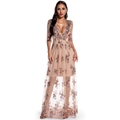 Detail der roségoldenen Paillettenstickerei auf champagnerfarbenem Abendkleid aus Netz - S / Gold