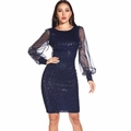 Detalle de vestido ajustado de lentejuelas azul oscuro con mangas largas de tul - S / Azul oscuro