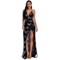 Close-up of black lace evening dress with rose gold sequin embroidery and high slit - Black & Gold