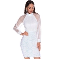 Sexy weißes Pailletten-Minikleid mit Mesh-Patchwork und langen Ärmeln für Partys - S / Weiß