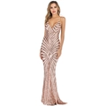 Elegant rose gold sequin evening dress with deep V-neck and geometric pattern - S / Gold