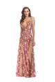 Elegantes beiges Abendkleid mit roten Paillettenstickereien und hohen Seitenschlitzen - S / Rot