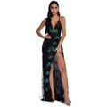 Sexy rückenfreies Abendkleid in Schwarz mit grüner Paillettenstickerei und Beinschlitz - XL / Grün