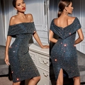 Elegantes marineblaues schulterfreies Paillettenkleid mit schmaler Passform und Schlitz - S / Dunkelblau