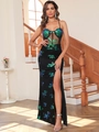 Détails des empiècements en résille et broderies florales à paillettes de la robe de soirée - S / Vert