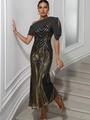 Robe de soirée asymétrique pailletée noir et or avec cape en mousseline de soie fluide - S / Or Noir
