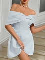 Elegant light blue off-shoulder jacquard dress with bow-shaped collar and floral texture - Light Blue
